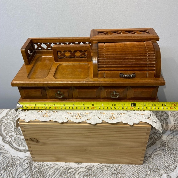 Vintage Wooden Roll-top Desk Jewelry Box Valet - Picture 9 of 11